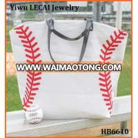 Wholesale yellow Softball and White canvas cotton personalized baseball tote bag with leather handles and yellow