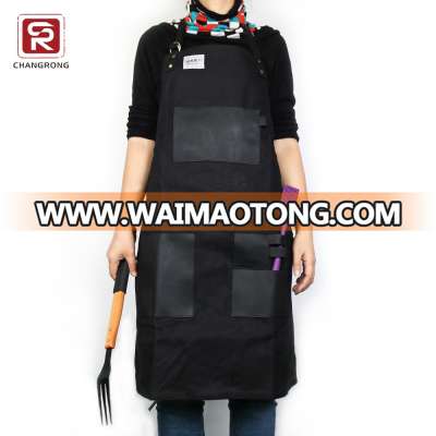 Durable Men bib black waxed canvas apron with leather pockets