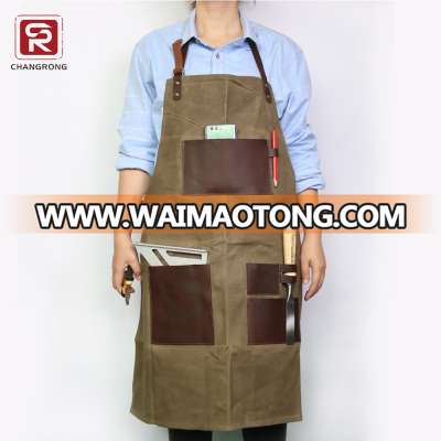 Durable heavy waxed canvas carpenter work grilling apron with leather pockets unisex