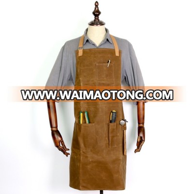 Heavy duty mens waxed canvas work apron with adjustable crossback straps