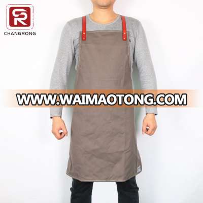 Long bib canvas bartender barista cross back apron custom logo with leather trims