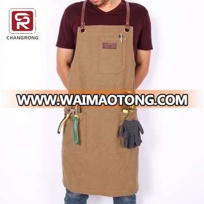 Wholesale heavy duty khaki canvas work apron cross back leather straps