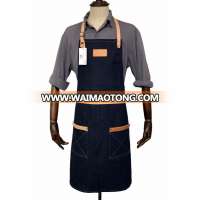 guangzhou custom barista denim apron with leather straps for