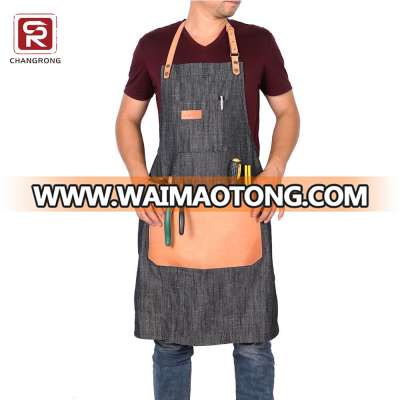 Free shipping custom logo men tool apron denim with leather straps wholesaler