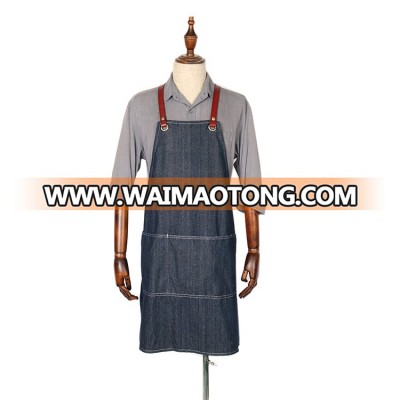 hand crafted fashion barista black denim cross back aprons with leather trim