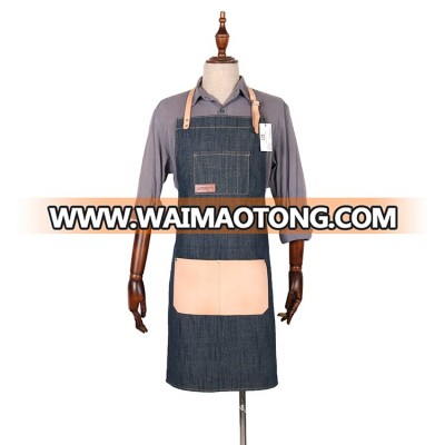 2017 New design denim restaurant aprons with leather trim