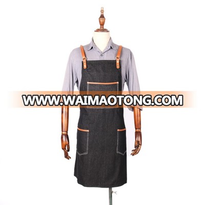 Custom black barista denim apron with cross back straps