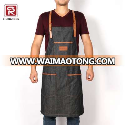 Free shipping Handmade best bib bar denim apron with cross back leather straps wholesaler