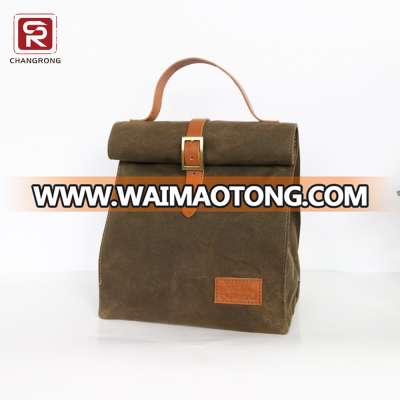 Vintage insulated waxed canvas lunch bag for men with leather handle