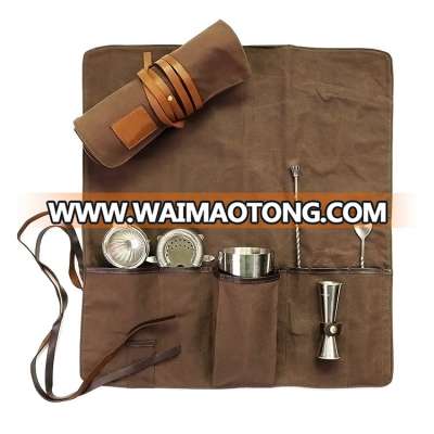 Well crafted custom waxed canvas roll up bartender tool bags with leather trims