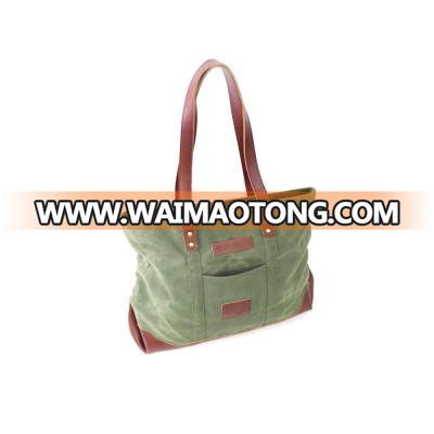 Hot selling green waxed canvas women hangbag with leather handle