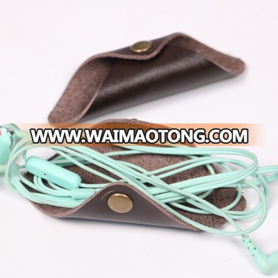 custom logo earphone leather cord wrap winder for travel